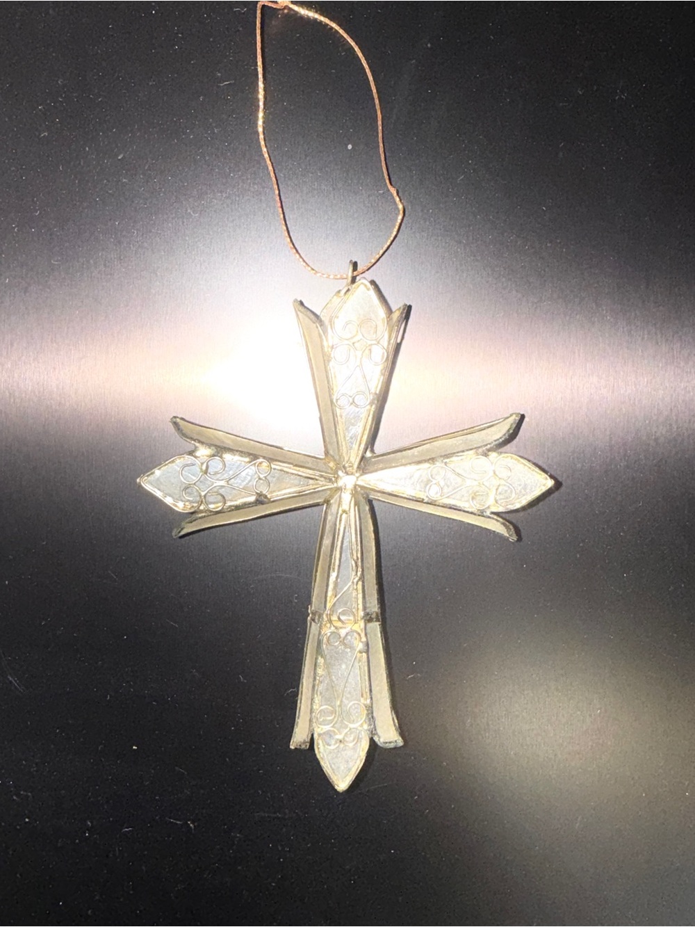 Mother of Pearl capiz shell Gold Tone Filagree 3D Christianity Cross Ornament